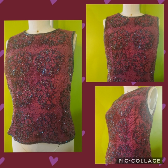Vintage 90s Burgundy Top with Iridescent Beading - Picture 1 of 6